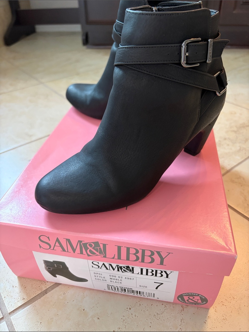 Sam & Libby Manke Black Faux-Leather Ankle Booties with Buckle Strap